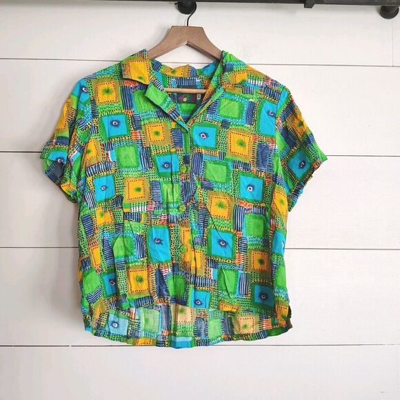 VTG Jams World Womens M Hawaiian Aloha Shirt Bright Abstract Art Print Crop Top - Picture 1 of 9